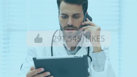 Animation-of-thumbs-up-icon-and-increasing-like-over-caucasian-male-doctor-talking-on-smartphone