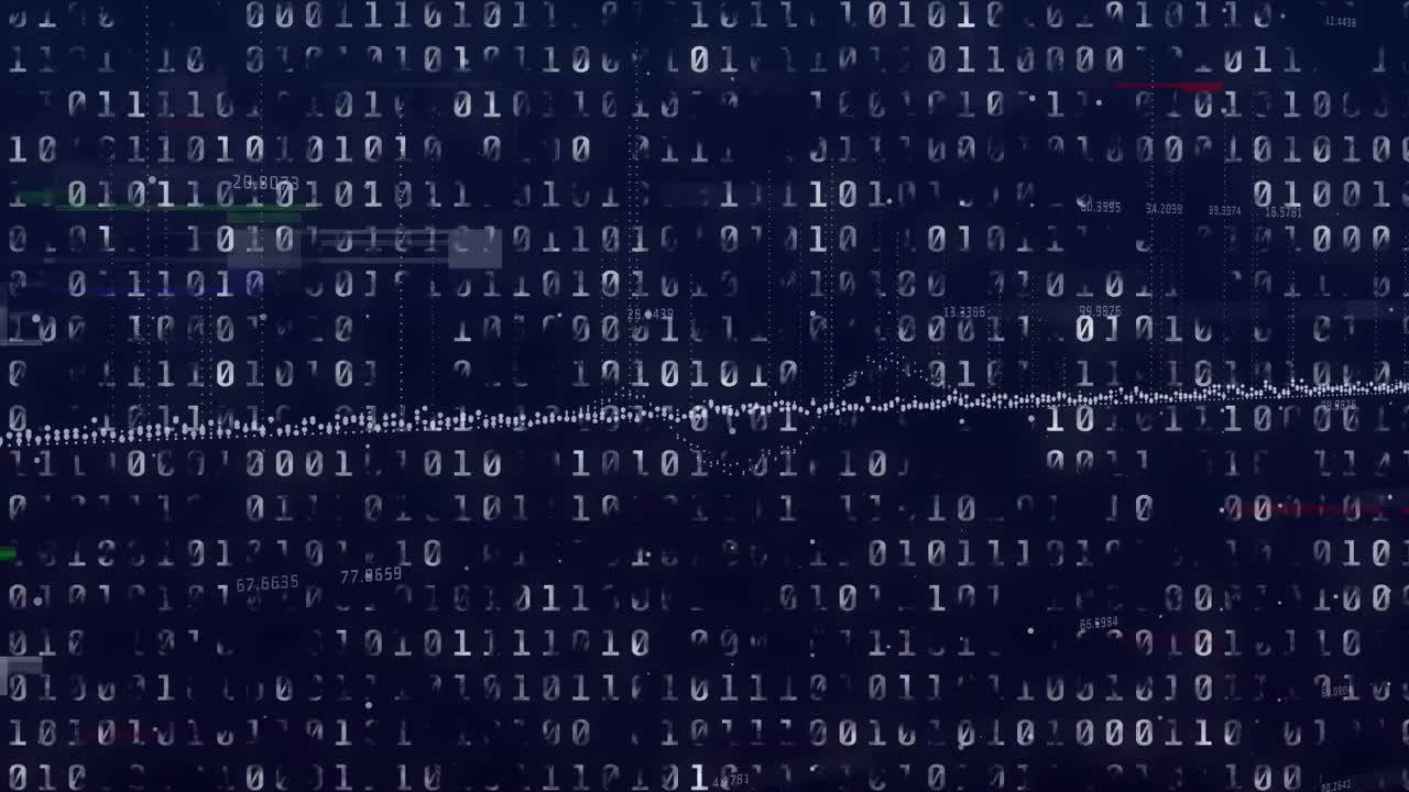 Animation of binary coding data processing over black background