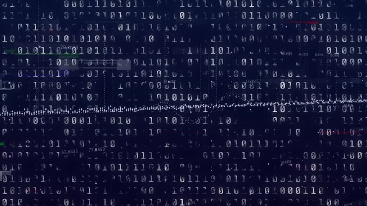 Animation of binary coding data processing over black background