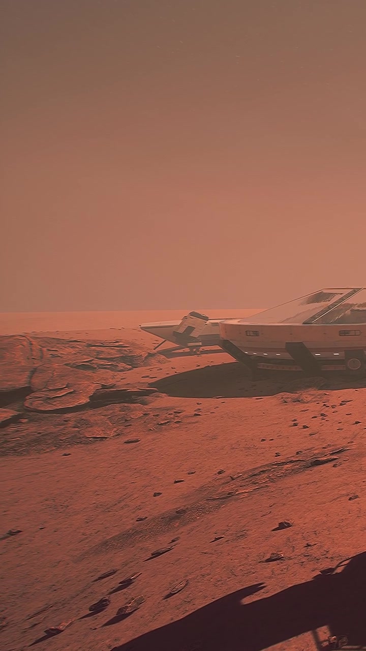 Veicolo di esplorazione spaziale sulla superficie di un pianeta rosso sotto un cielo al tramonto.