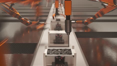 industrial robots for factory automation. a process of constructing 3d printers on an assembly line. orange robotic arms programmed to pick and place parts of printers. seamless loop.