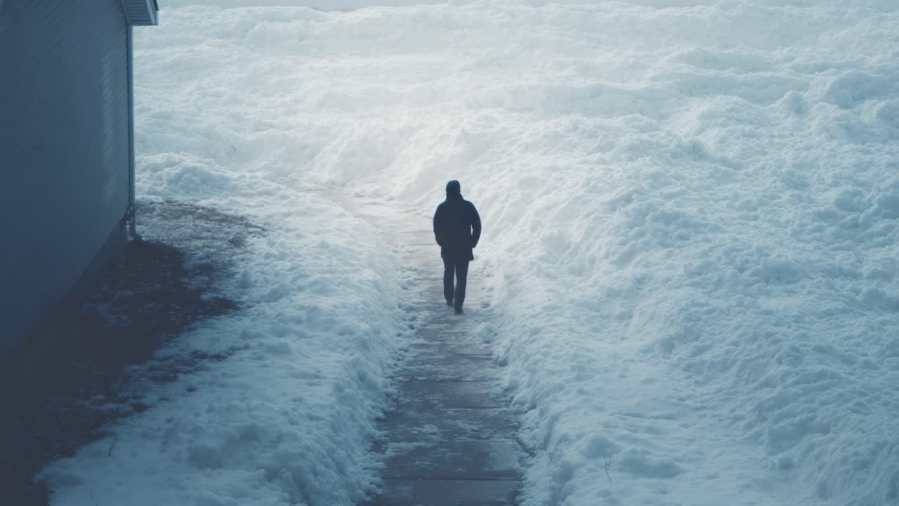 En ensam figur vandrar genom ett vinterlandskap, omgiven av djup snö på båda sidor om en smal stig, vilket skapar en fridfull men karg scen av vildmark och isolering.