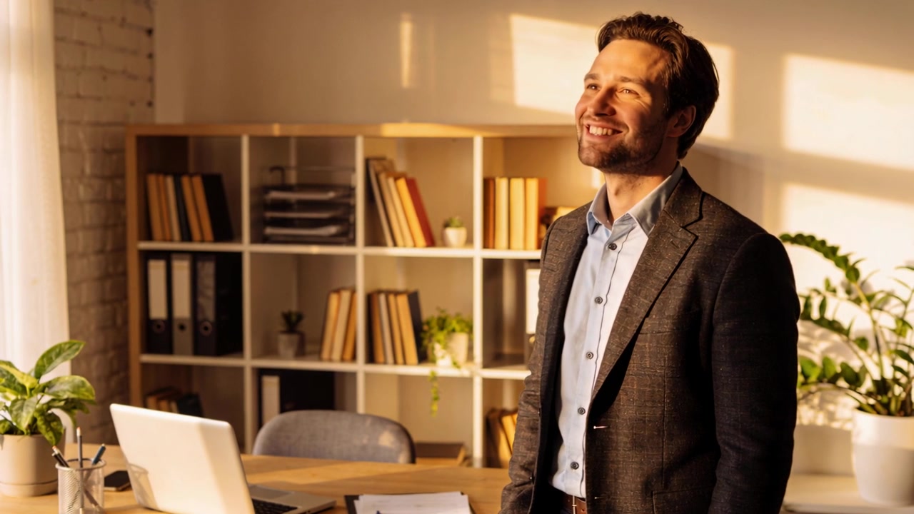 Uomo sorridente in blazer scuro in piedi accanto alla scrivania in ufficio, che ride con il laptop, spazio per il testo