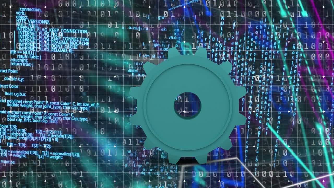 Animation of gear over data processing on black background