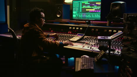 african american sound expert operates on audio console with moving faders