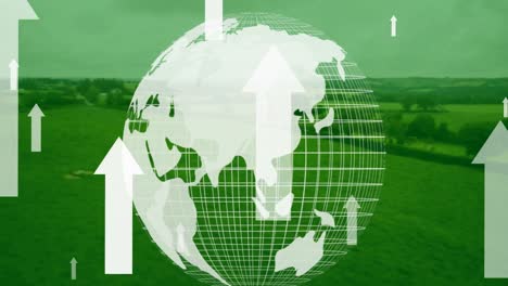 composition of white arrows over globe and landscape on green background