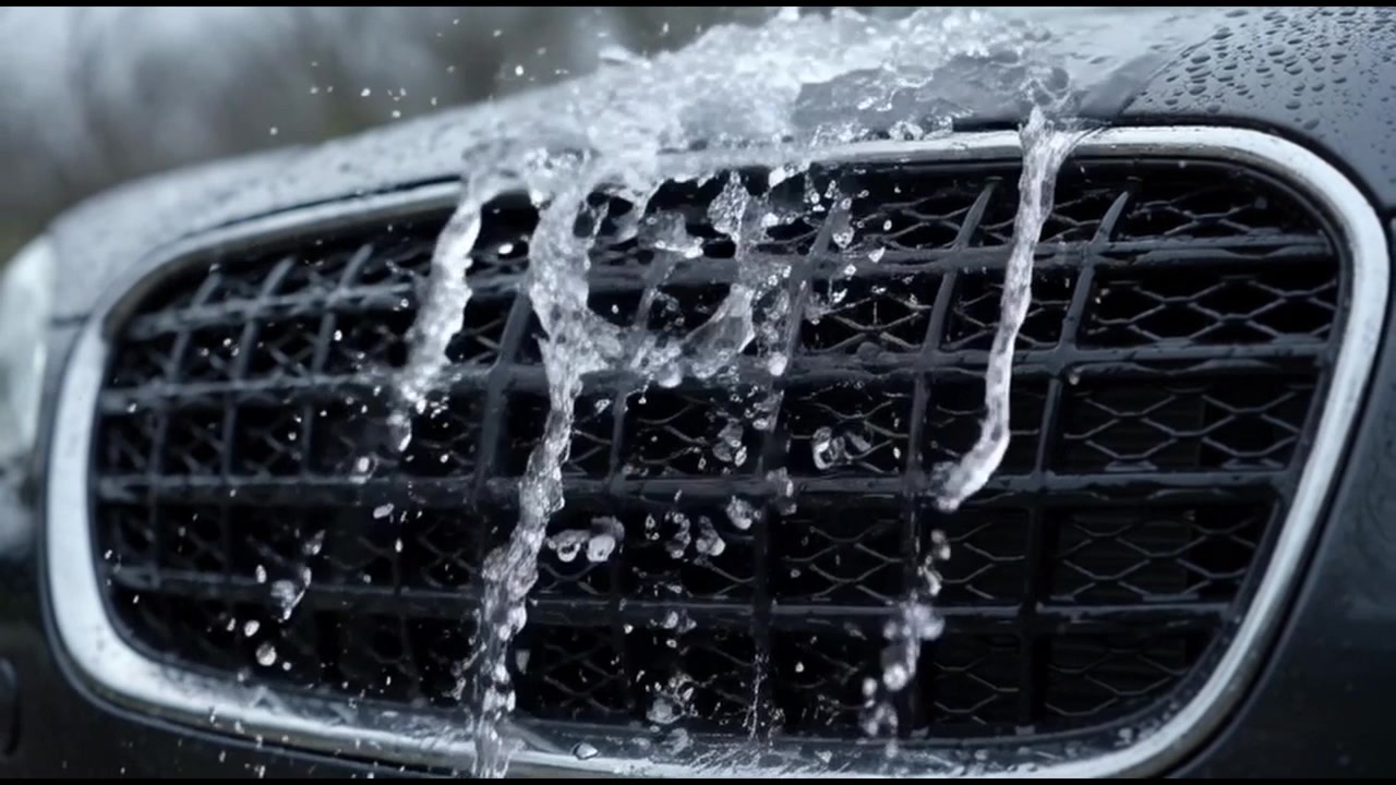 Acqua che si riversa sulla griglia anteriore di un'auto moderna.