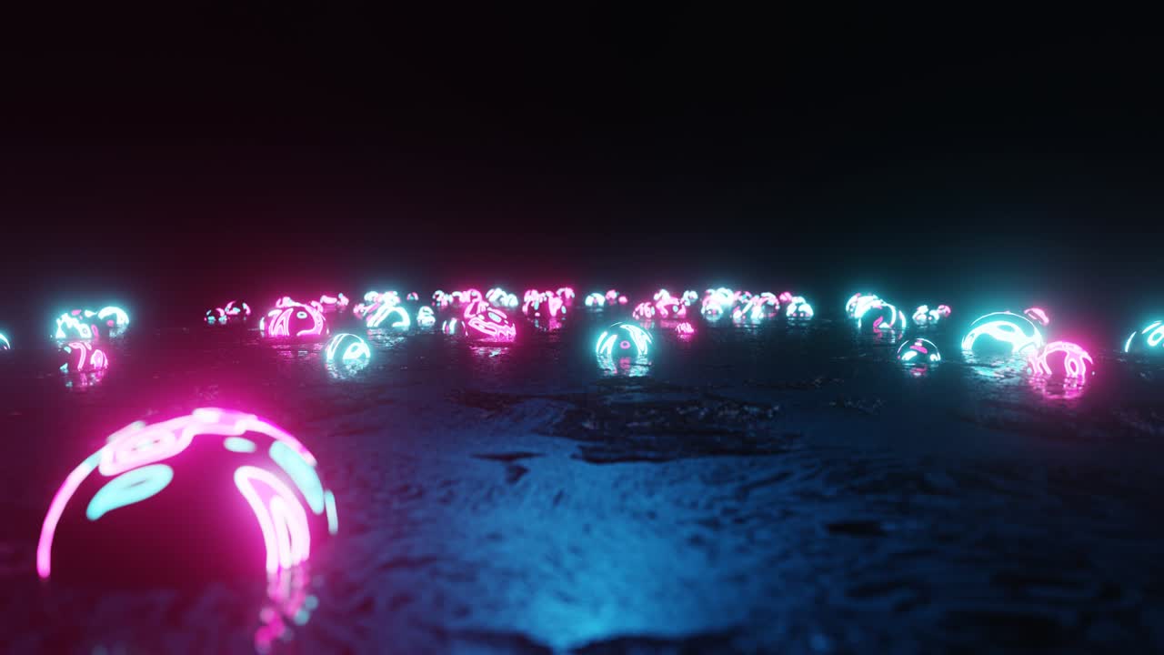 VJ Loop plán s neonovou světelnou koulí. Abstraktní fluorescenční pozadí. Neonové pozadí. Neonové světelné koule. Abstraktní UV konturové 4K pozadí