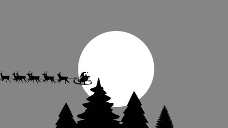 Animation-of-santa-claus-in-sleigh-with-reindeer-over-snow-falling-on-grey-background