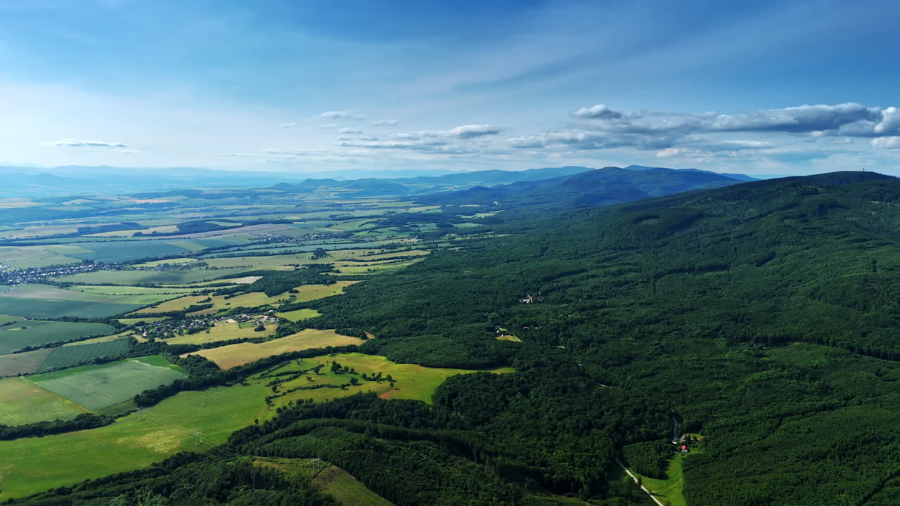 Scenic view of hills and forests. Vast green hills and fields under a clear blue sky showcase nature's beauty and tranquility