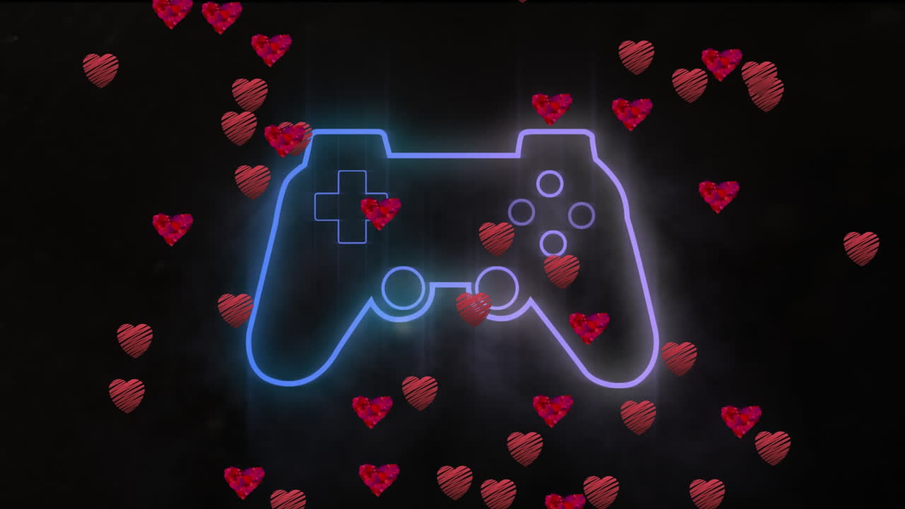 검은 바탕에 떠다니는 네온 가민 패드와 심장의 애니메이션