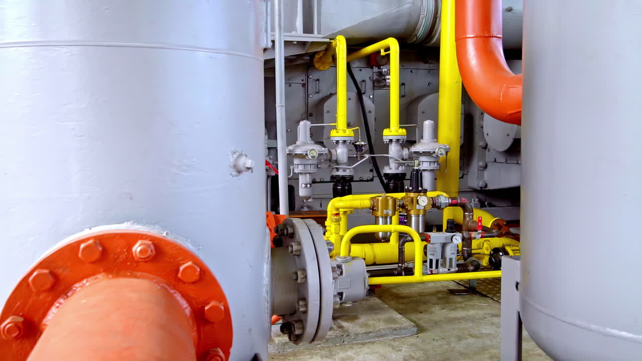Close-up of industrial gas pipeline installation with yellow pipes, safety valves, and fittings