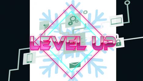 Animation-of-level-up-text-over-media-icons-and-snowflake