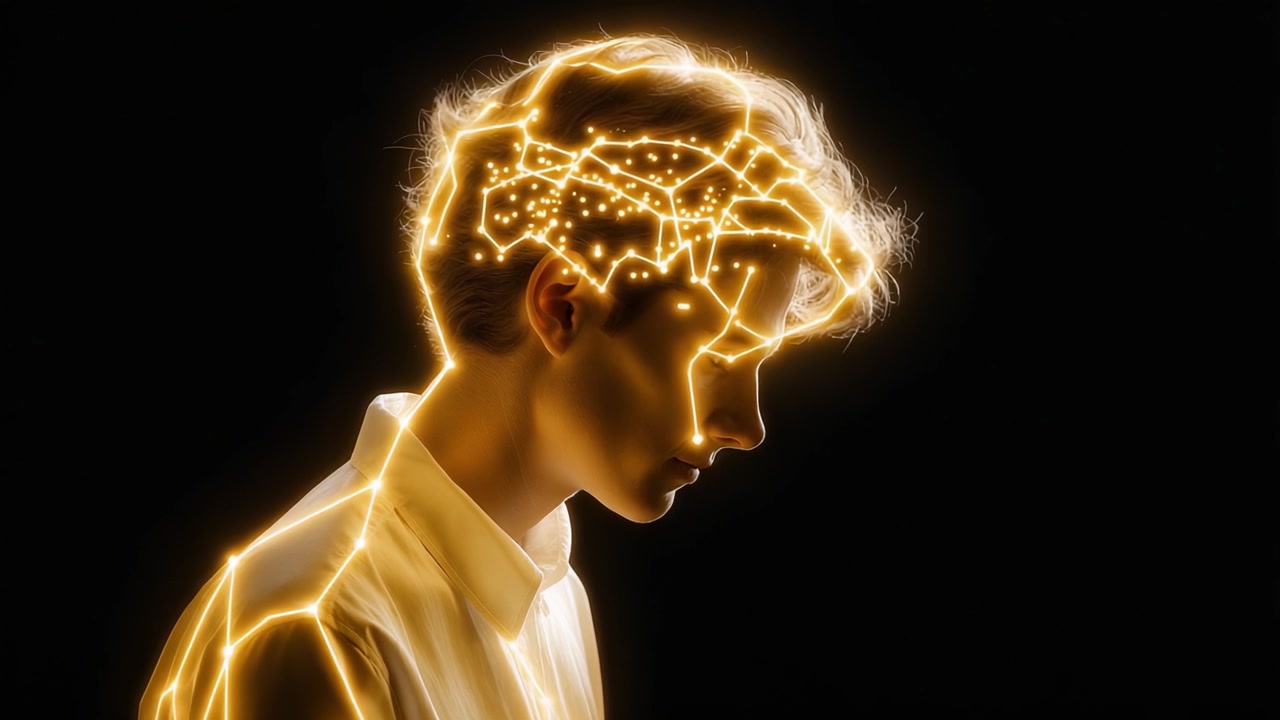 Un ritratto contemplativo di un giovane individuo con connessioni neurali illuminate che ricordano schemi stellari, che illustra l'intersezione tra emozione e pensiero nell'ambiente