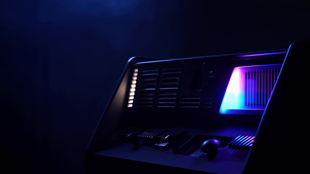 Elegante console di controllo elettronica in una scena scura, illuminata da toni neon blu e magenta con superfici metalliche, pulsanti, manopole e un'interfaccia moderna.