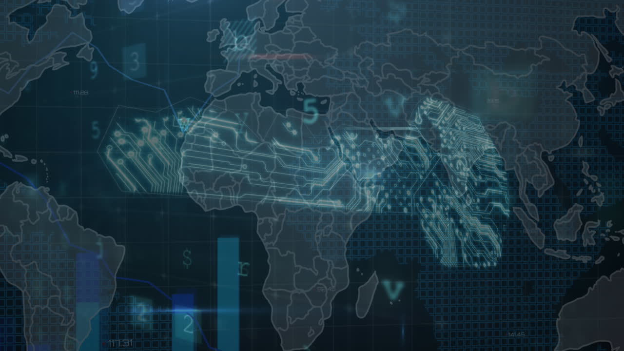 Animation of cyber security and statistical data processing over security key icon against world map