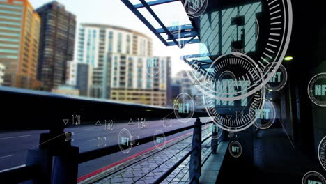 nft animation overlaying futuristic digital interface on urban cityscape background