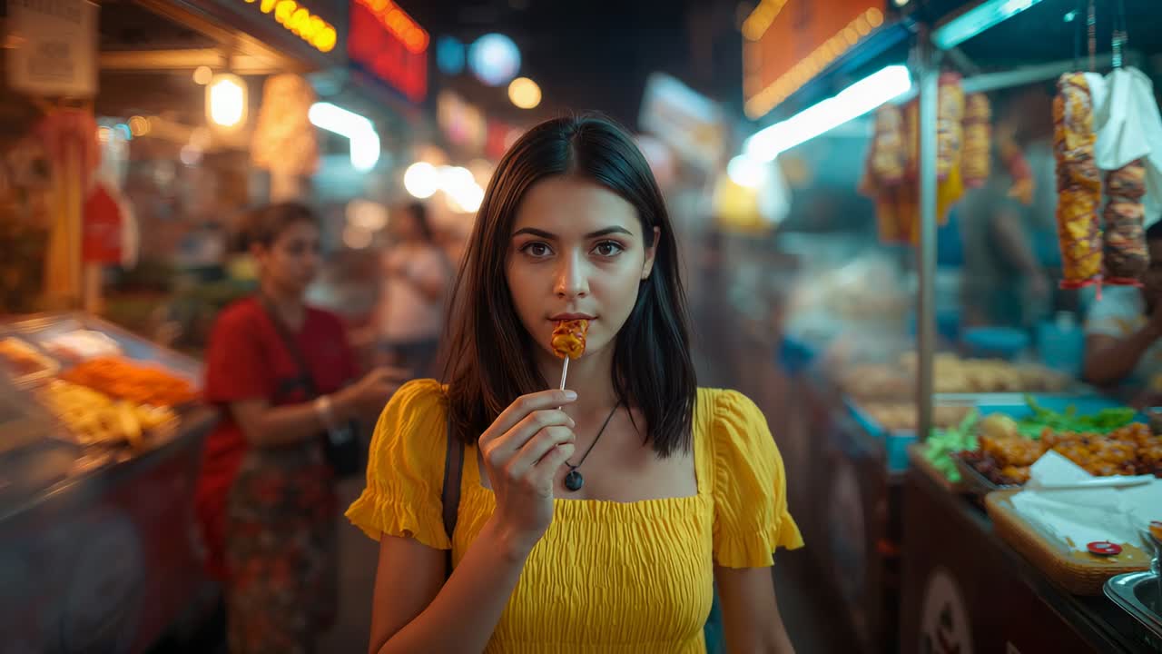 Mujer con vestido amarillo, sosteniendo una brocheta de madera cerca de la boca, caminando, probando y observando un mercado nocturno.