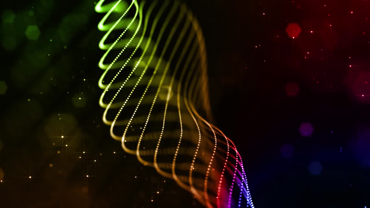 4k looped sci-fi background with bokeh and light effects. Glow gradient multicolor particles form lines, surfaces, string structures as virtual space or hologram for HUD screen. 21