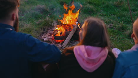 picnic of young people at bonfire in the evening. cheerful friends frying marshmallows on fire. young couple enjoys the evening with friends.