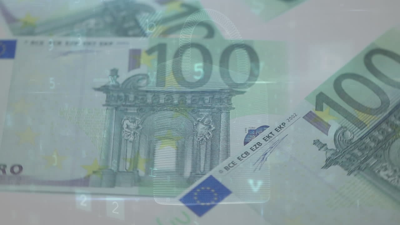 animación de números cambiantes y alerta de virus sobre los billetes en euros