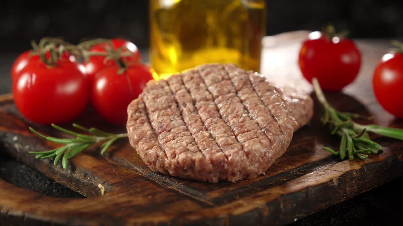 The fried burger meat on the cutting board rotates.