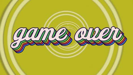 Animation-of-retro-game-over-rainbow-text-over-multiple-white-outlined-circles-on-lime-background