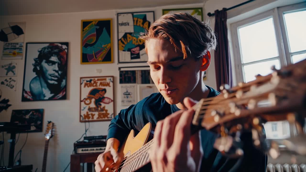 A young man plays guitar in a cozy room, captured in a close-up angle