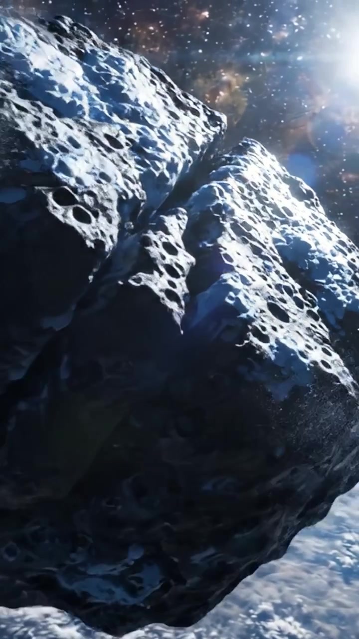 Un viaggio cosmico: esplorando la maestosa superficie di un asteroide che rimpicciolisce la Terra, circondato dalla splendida vastità dello spazio e dal cielo stellato.