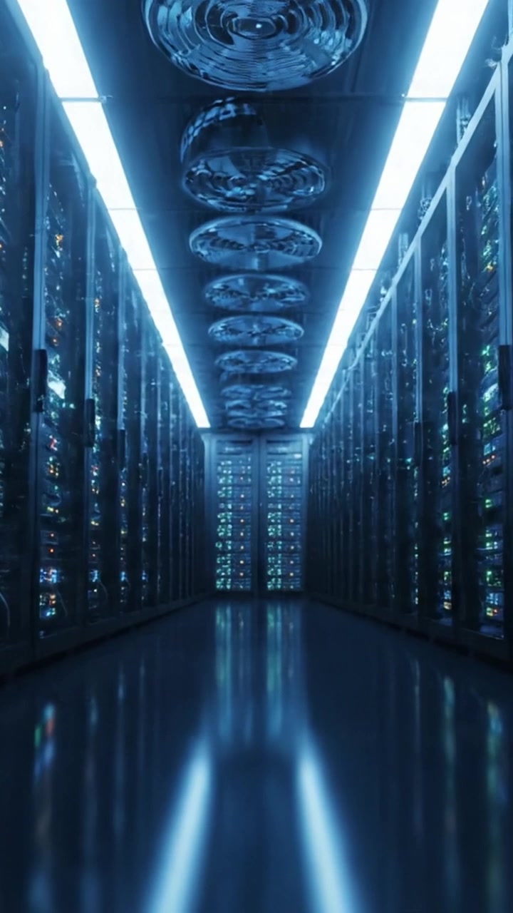 Exploring a Modern Data Center: A Futuristic Perspective on Server Racks and Cooling Systems with Glowing Lights Creating a High-Tech Atmosphere