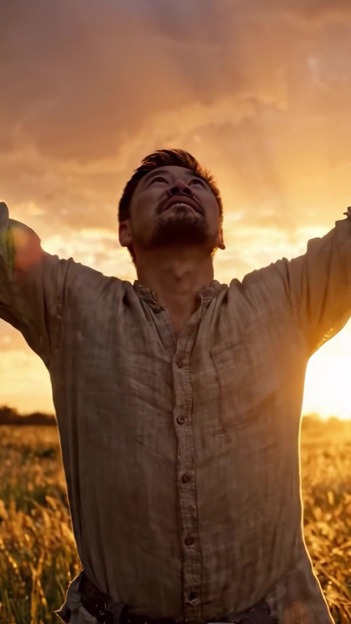 Uma Figura Contemplativa Silhuetada Contra o Pôr do Sol Dourado, Incorporando Tranquilidade e Introspecção em Meio a uma Paisagem Serena de Grama Alta que Balança Suavemente na Brisa Noturna