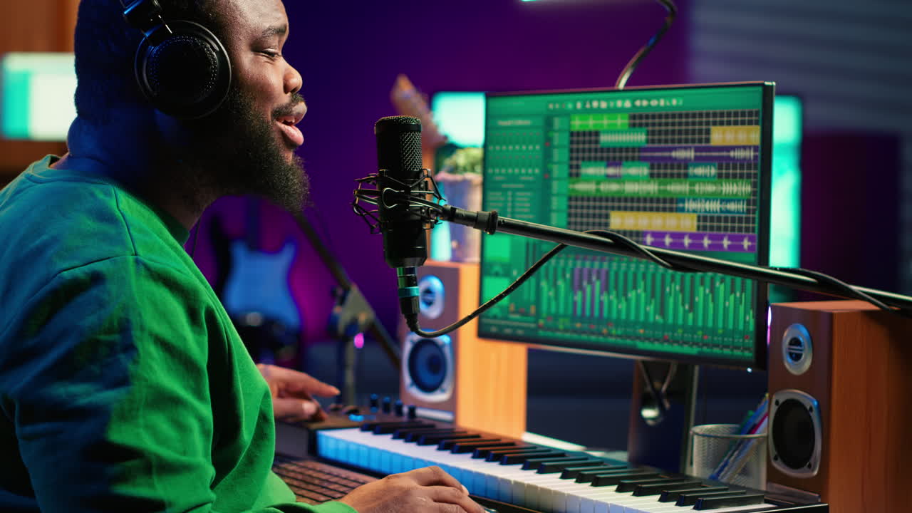 musiker singt seine neue melodie-schöpfung im mikrofon