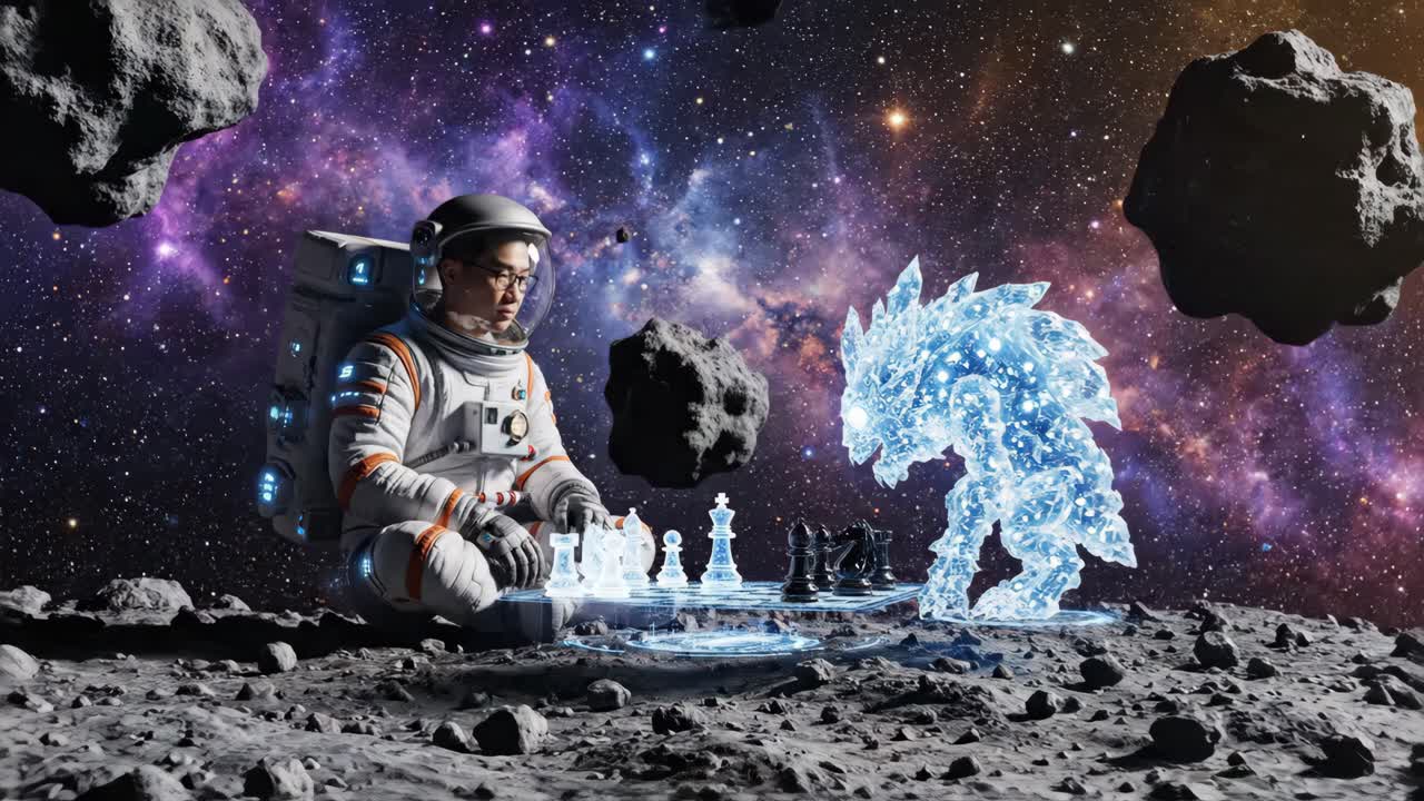 En astronaut spiller skak med et krystalmonster i rummet