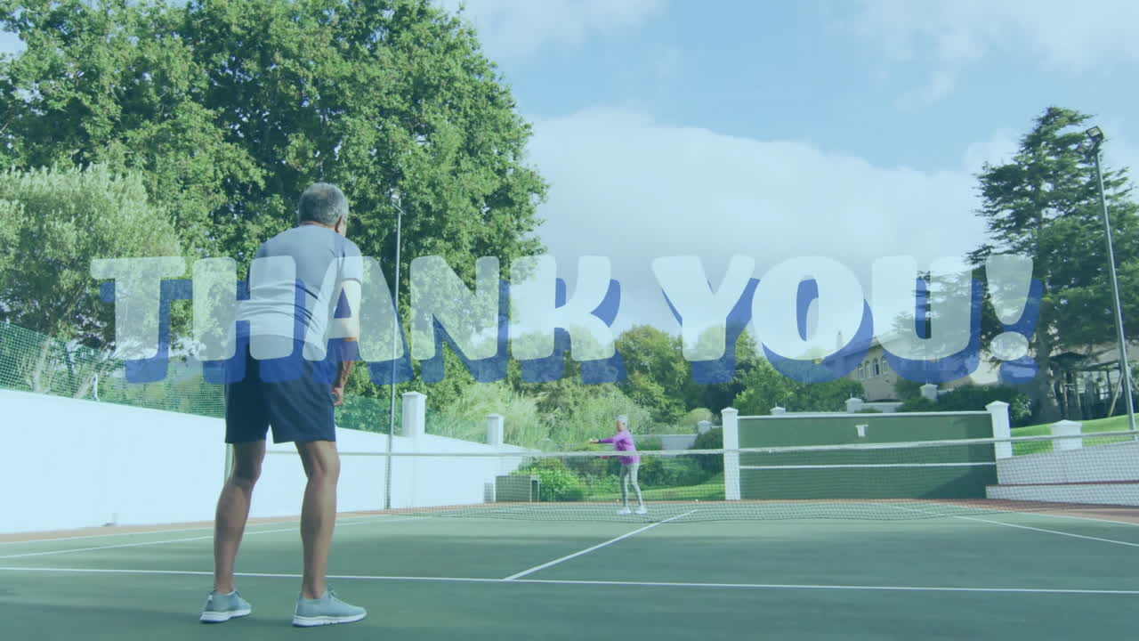 senior couple swinging rackets on court for health campaign featuring animated thank you overlay