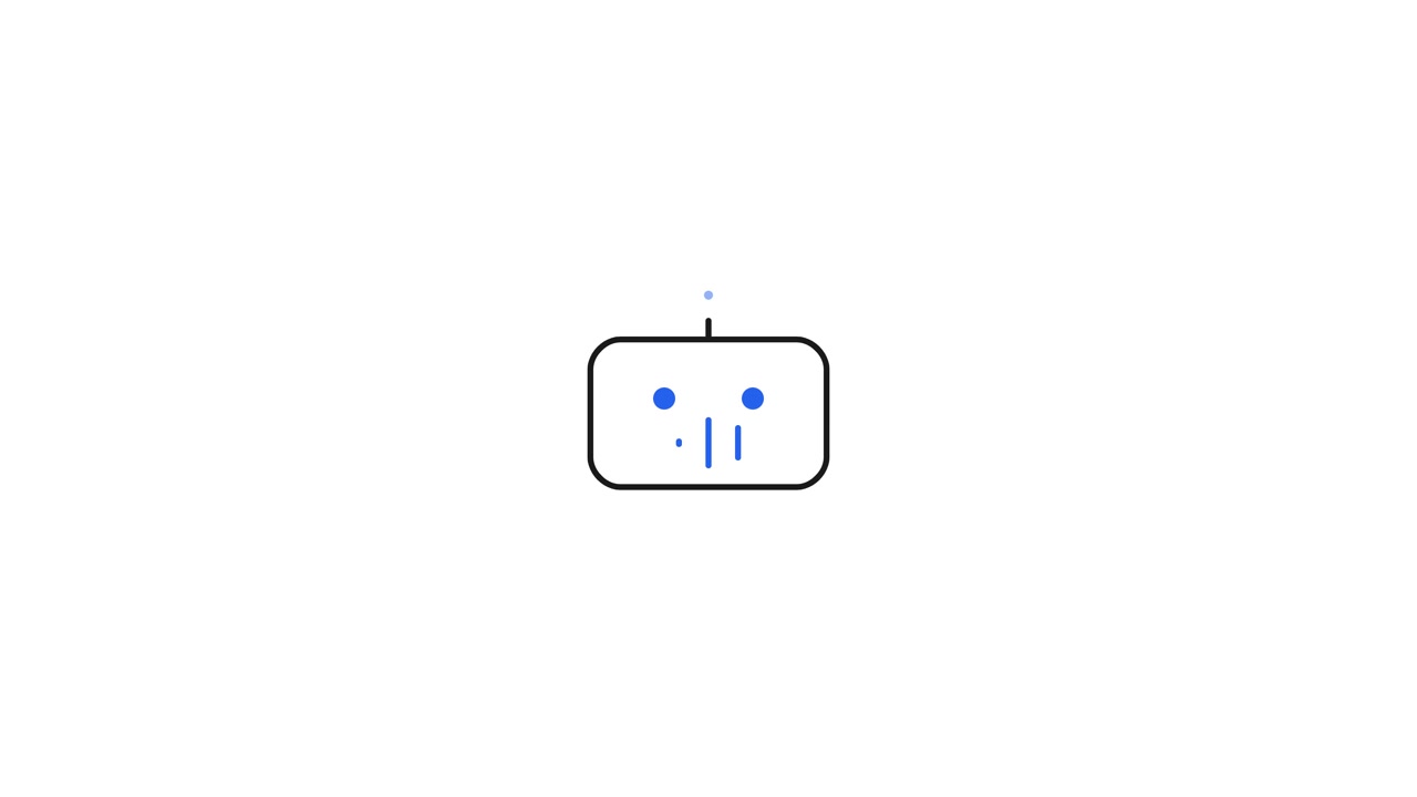 Personaggio robot animato minimalista che si disegna da solo su sfondo bianco.