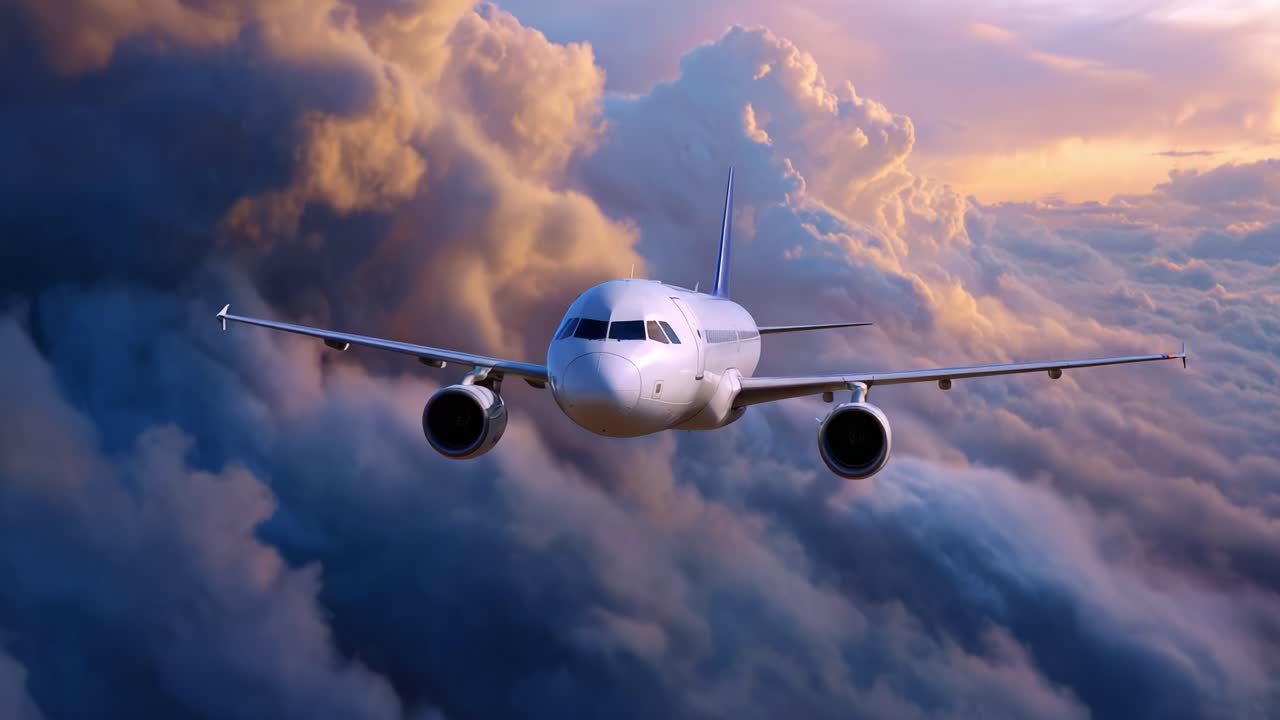 Una vista mozzafiato di un aereo che solca le maestose nuvole durante il tramonto, mostrando la bellezza e l'ingegneria dell'aviazione moderna in volo
