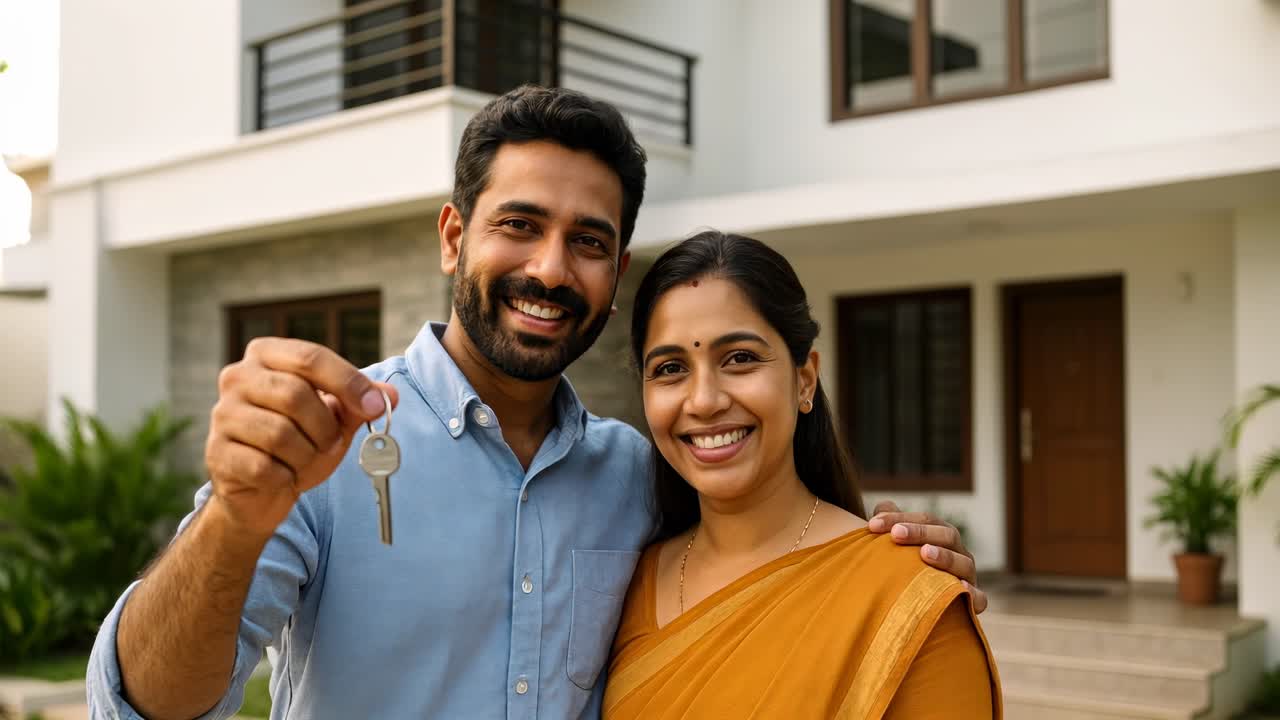 A happy couple holding a key in front of a new home, captured in a ...
