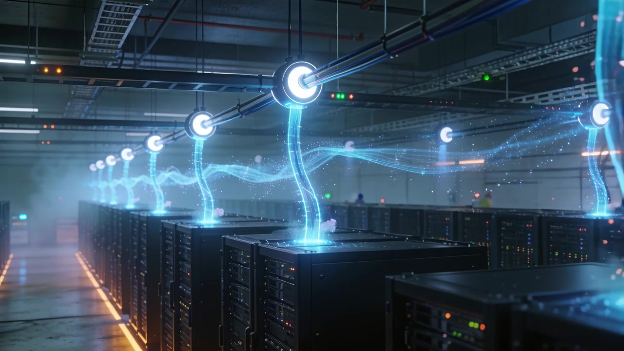 Sending signal starting blue flows from rings into racks at datacenter, uniformed staff watching