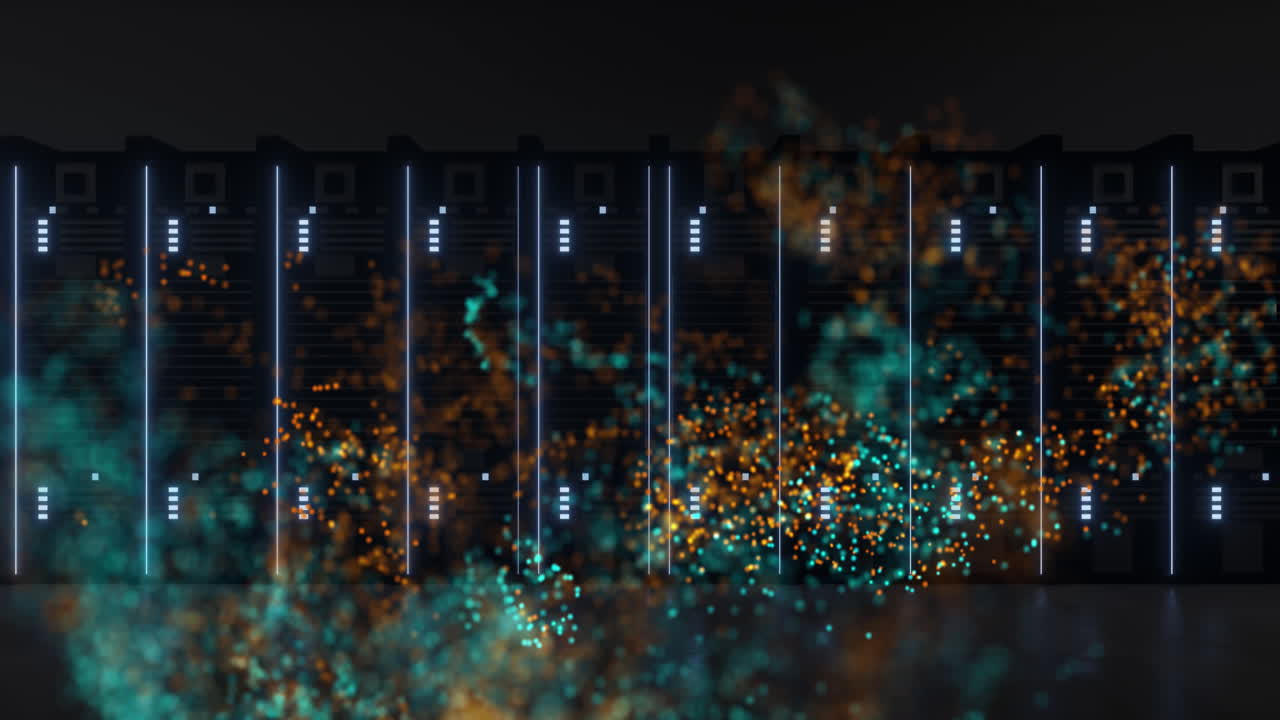 Animation of green mesh of connections over computer servers