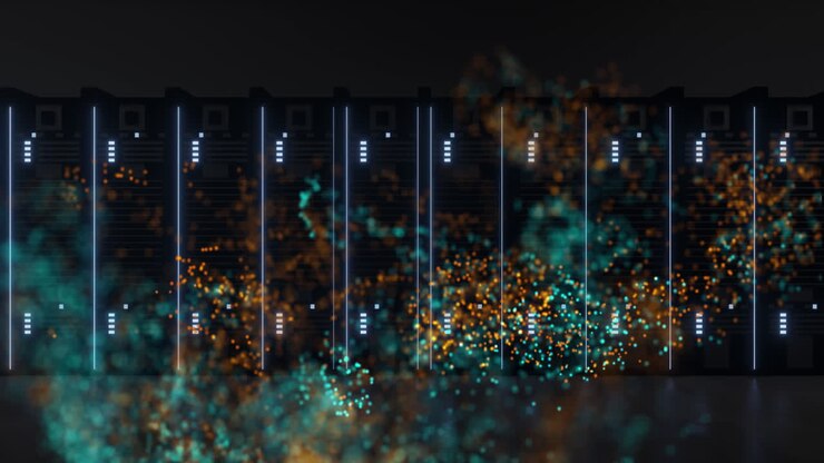 Animation of green mesh of connections over computer servers