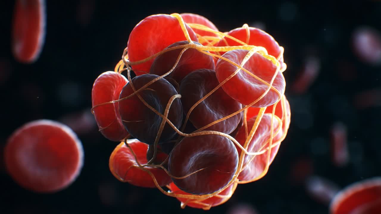 Vista microscopica di un coagulo di sangue con globuli rossi e fibrina