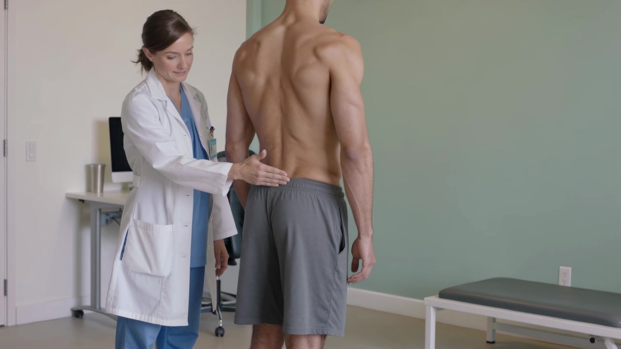 Clinico in camice da laboratorio che palpa e valuta un uomo a torso nudo in pantaloncini grigi che sale sul lettino da visita.