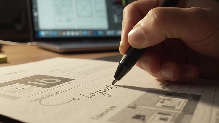 Graphic Designer Writing Layout on Paper at Desk