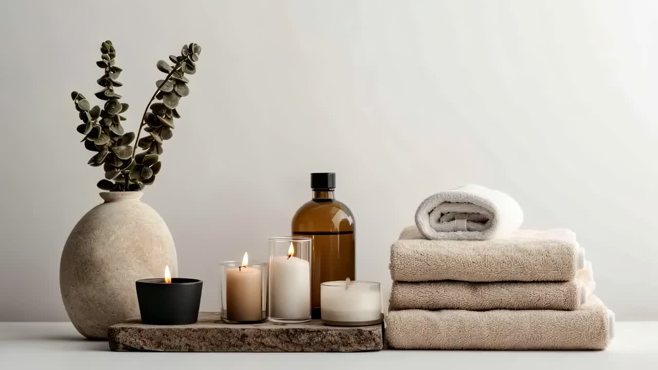 A serene spa setup with candles, towels, and a vase, captured at eye level