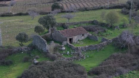 Vuelo-Descendente-Donde-Vemos-El-Deterioro-De-Una-Antigua-Casa-De-Piedra-Con-Sus-Muros-Caídos-Y-Otra-Posible-Habitación-Anexa-Casi-Derribada,-Todo-Está-En-Campos-Agrícolas-Madrid