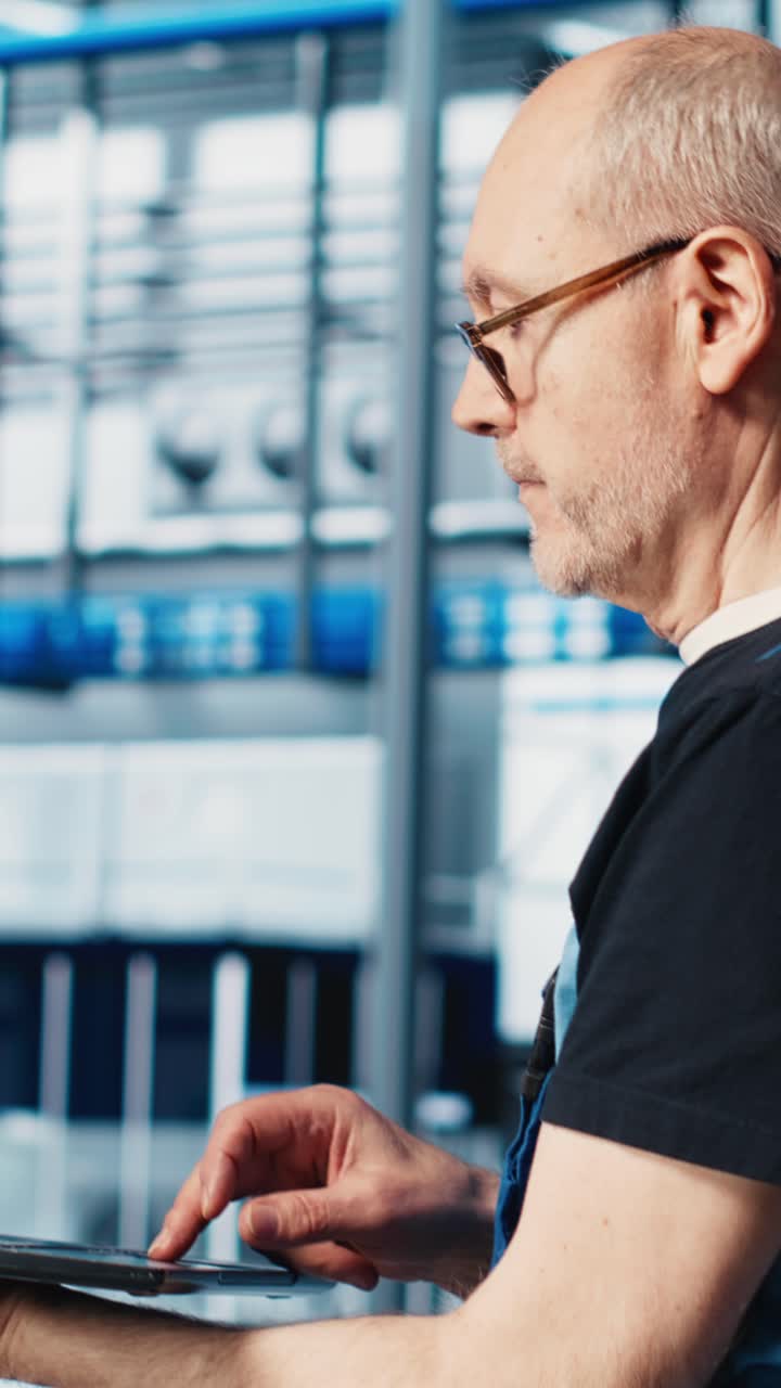 Vertical video Smart factory expert using laptop software to test automated systems