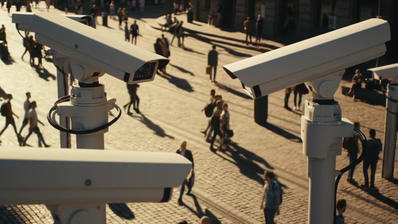 Surveillance Technology Observes Public Space as Pedestrians Navigate Cobblestone Streets in a Bustling Urban Environment