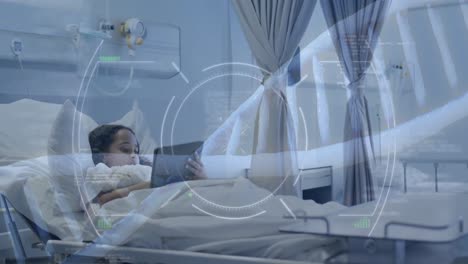animation of data processing over biracial girl patient using tablet in hospital bed