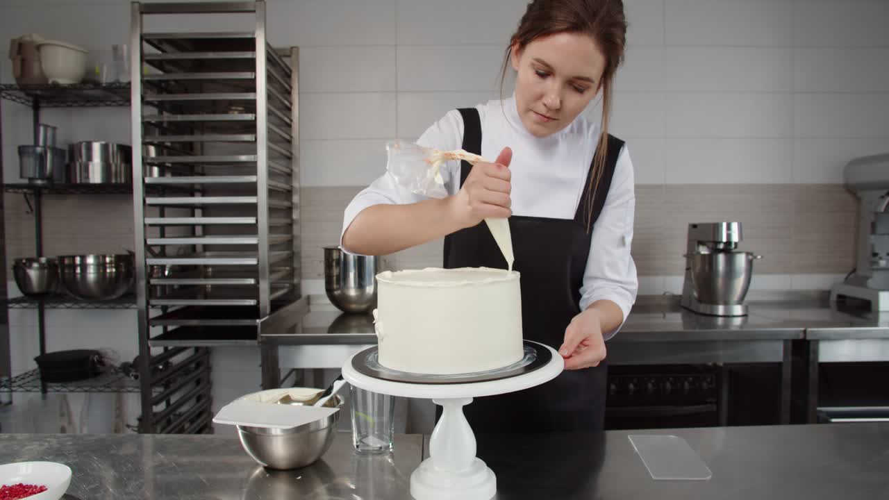 En profesjonell konditor pynter en festkake med krem i et konditori