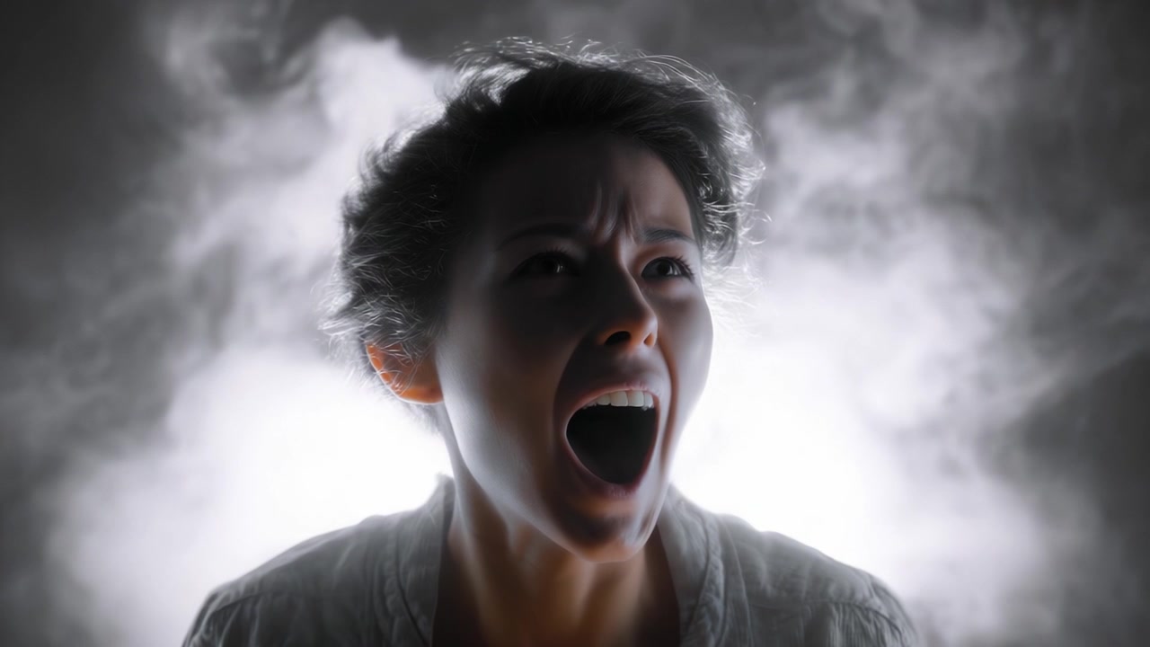 Una poderosa representación de la emoción: Una mujer angustiada gritando en medio de humo etéreo en un entorno dramático e intenso que captura la agitación interna.
